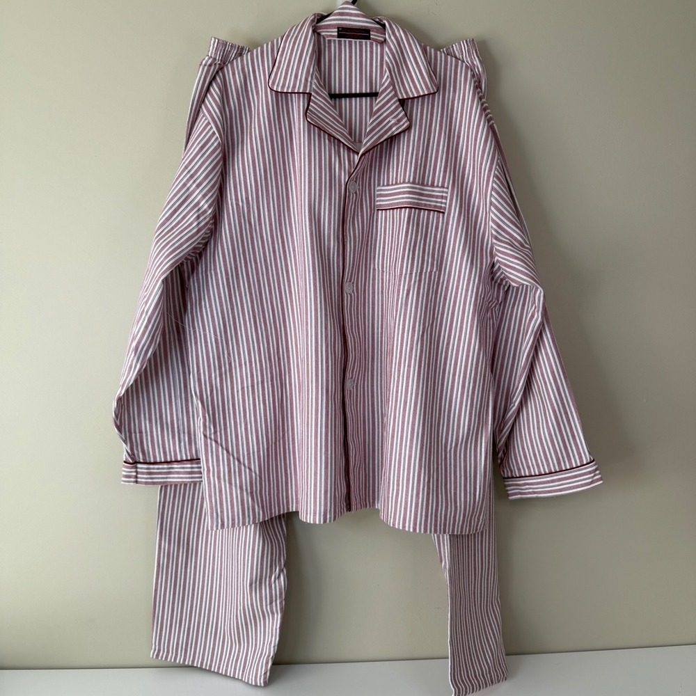 Vintage PLEETWAY Mens XL Pajama Set Red White‎ Stripe Long Sleeve Snap Pants EUC